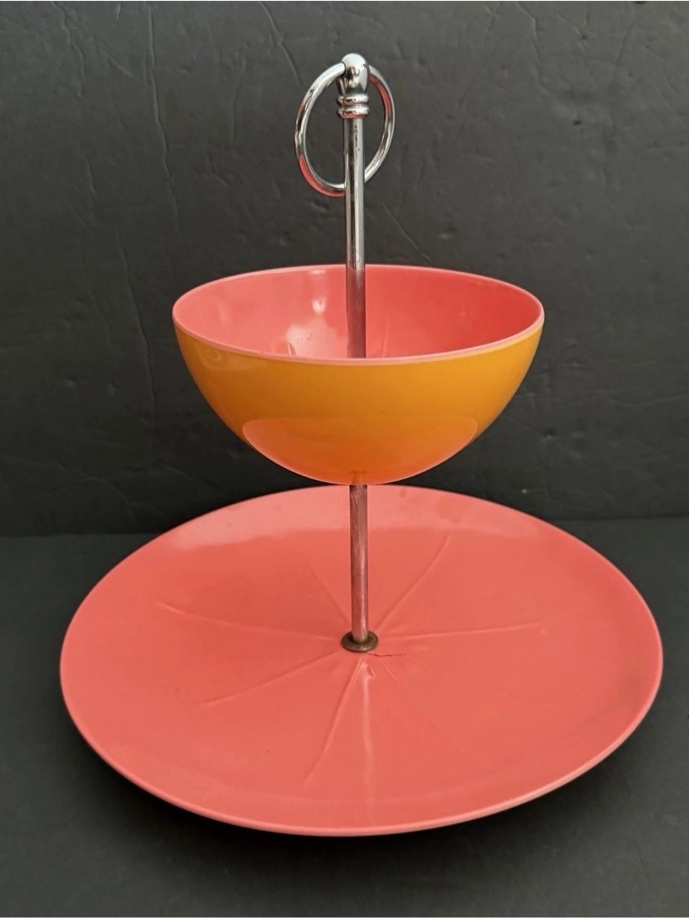 VTG Two-Tier Serving Stand Plastic Pink Coral and Orange